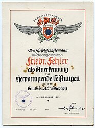 Luftwaffe - Erweiterte Flieger G.A.St. ( Geräteausgabestelle ) Diepholz - Anerkennungsurkunde