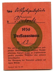 III. Reich - Presseausweis 1936 eines Pressevertreters für den " Rostocker Anzeiger "