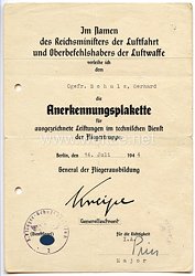 Luftwaffe - Verleihungsurkunde für die Anerkennungsplakette für ausgezeichnete Leistungen im technischen Dienst der Fliegertruppe