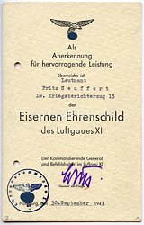 Luftwaffe - Verleihungsurkunde zum Eisernen Ehrenschild des Luftgaues XI