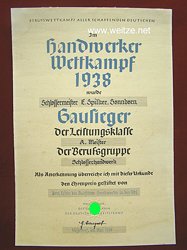 Handwerker-Wettkampf 1938 - Urkunde für den Gausieger
