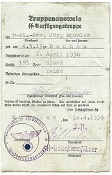 SS-Verfügungstruppe Truppenausweis für einen SS-Staffelwärter der SS-Standarte 