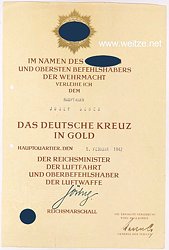 Luftwaffe - Urkundengruppe und Fotoalbum des Deutschen Kreuz in Gold Trägers Hauptmann Josef Sched der 1./Küstenfliegergruppe 506