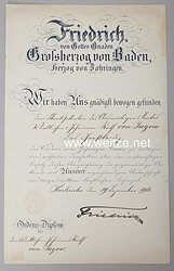 Baden - große Verleihungsurkunde zum Großkreuz des Ordens vom Zähringer Löwen