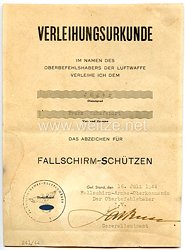 Luftwaffe - Verleihungsurkunde für das Abzeichen für Fallschirm-Schützen