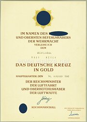 Luftwaffe - Verleihungsurkunde für das Deutsche Kreuz in Gold für Oberfeldwebel Rudi Meyer der 9./Jagdgeschwader 51 