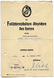 Fallschirmschützenabzeichen des Heeres - Verleihungsurkunde und mit weiteren Dokumenten