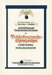 Reichsführer-SS - Reichsfeuerwehr-Ehrenzeichen 2. Klasse - Verleihungsurkunde