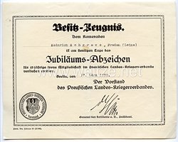 Preußischer Landes-Kriegerverband - Besitzzeugnis zum Jubiläums-Abzeichen für 25 jährige Mitgliedschaft