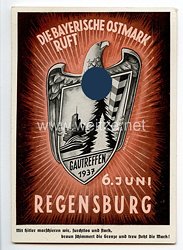 III. Reich - farbige Propaganda-Postkarte - " Die Bayerische Ostmark ruft - Gautreffen 1937 - 6. Juni Regensburg "