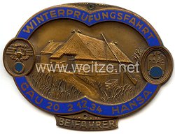 NSKK / DDAC - nichttragbare Teilnehmerplakette - " Winterprüfungsfahrt Gau 20 Hansa 2.12.1934 Beifahrer "