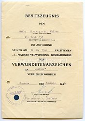 Verwundetenabzeichen in Silber 1939 - Besitzzeugnis