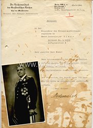 Verleihungsschreiben für den Ehrendegen der Luftwaffe mit Widmung für den Kommandeur des Flieger-Ausbildungsregiments 10 Franz Biwer anläßlich seiner Beförderung zum Generalmajor