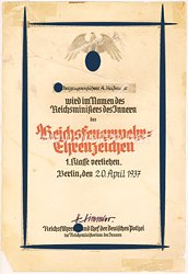 Allgemeine SS - Reichsfeuerwehr-Ehrenzeichen 1. Klasse - Verleihungsurkunde für den SS-Obergruppenführer August Heißmeyer