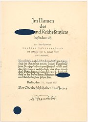 Heer - Ritterkreuzträger Generalfeldmarschall Walther von Brauchitsch - Faksimileunterschrift auf einer Beförderungsurkunde