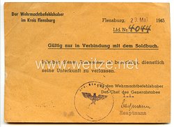 Der Wehrmachtbefehlshaber im Kreis Flensburg - Ausweis mit der Berechtigung dienstlich die Unterkunft zu verlassen
