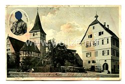 III. Reich - Propaganda-Postkarte - " Reichskanzler Adolf Hitler - Heilgrüße aus Merklingen a.d. Würm Blick auf Kirche und Rathaus"