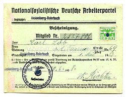 NSDAP - Ortsgruppe Heidelberg - Rohrbach Bescheinigung über Abgabe der Mitgliedskarte zwecks Ausstellung eines Mitgliedsbuches