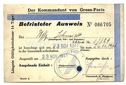 Luftwaffe - Der Kommandant von Gross-Paris ( Frankreich ) - Befristeter Ausweis zum Aufenthalt in der Innenstadt