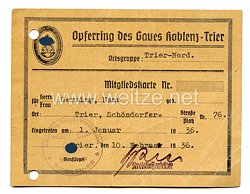 NSDAP Opferring des Gaues Koblenz - Trier Mitgliedskarte 