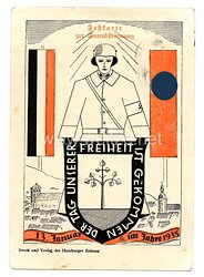 III. Reich - farbige Propaganda-Postkarte - " Der Tag unserer Freiheit ist gekommen - 13. Januar im Jahre 1935 - Festkarte zur Saarabstimmung "