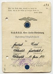 Opferring der NSDAP - Gau Halle Merseburg - Mitgliedskarte