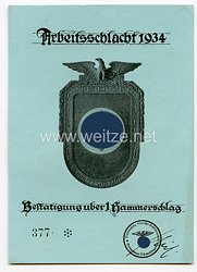 III. Reich Propaganda-Karte - " Arbeitsschlacht 1934, Bestätigung über 1 Kammerschlag "