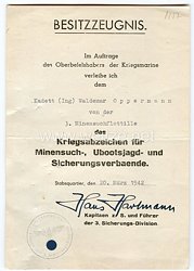 Kriegsmarine - Besitzzeugnis für Minensuch-, Ubootsjagd- und Sicherungsverbände