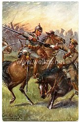 Deutsches Reich 1. Weltkrieg Patriotische Postkarte "Deutsche Kürassiere gegen englische Kavallerie"