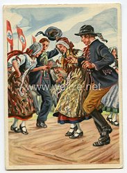 III. Reich - farbige Propaganda-Postkarte - " Deutsches Turn- und Sportfest Breslau 1938 - Schlesische Trachtengruppe "