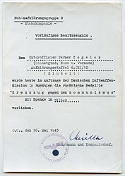 Luftwaffe - Besitzzeugnis zur Medaille"Kreuzzug gegen den Kommunismus" / mit der Spange in Silber  Aufklärungsstaffel 6 (H)/12