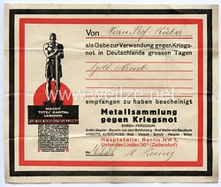 Spendenschein der Metallsammlung gegen Kriegsnot