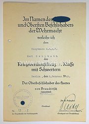 Verleihungsurkunde - Kriegsverdienstkreuz 2. Klasse mit Schwertern/Oberkommando des Heeres