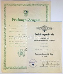 Luftwaffe - Verleihungsurkunde, Frontflugspange für Jäger in Gold, + Prüfungszeugnis