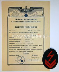 Kriegsmarine - Seesport Funkzeugnis "Marinenachrichtenschule" + Ärmelabzeichen