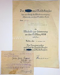 Medaille zur Erinnerung an den 13. März 1938 - Verleihungsurkunde/ Österreich