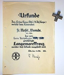 Das " Grüne Korps, Köln " ( 26. Res.Korps ) - Verleihungsurkunde für das Langemarckkreuz + Steckkreuz