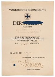 Wehrmacht - Vorläufiges Besitzzeugnis für das Ritterkreuz des Eisernen Kreuzes für Oberstleutnant Karl Winzen, Kommandeur Grenadier-Regiment 289