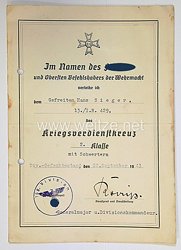 Verleihungsurkunde - Kriegsverdienstkreuz 2. Klasse mit Schwertern - 13/Infanterie Regiment 429