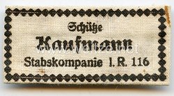 Wehrmacht Heer Namensetikett für die Uniform "Schütze Kaufmann Stabskompanie I.R. 116"