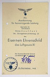 Luftwaffe - Verleihungsurkunde zum Eisernen Ehrenschild des Luftgaues XI