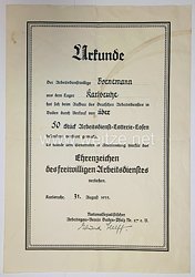 III. Reich - Freiwilliger Arbeitsdienst ( FAD ) - Verleihungsurkunde für das Ehrenzeichen des freiwilligen Arbeitsdienstes