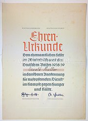 III. Reich - Ehrenurkunde als ehrenamtlicher Helfer im WHW 1938/39 für einen Mann