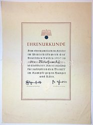 III. Reich - Ehrenurkunde als ehrenamtlicher Helfer im WHW 1937/38