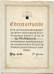 III. Reich - Ehrenurkunde als ehrenamtlicher Helfer im WHW 1936/37