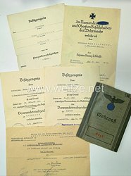 Wehrpaß und Urkunden für einen späteren gefallenen Unteroffizier zuletzt beim Kradschützen Btl.43 mit Zusatz-Ausbildung Pionier-Steuermann ( Sturmboote )