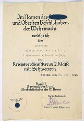 Heer - Urkunde zum Kriegsverdienstkreuz 2. Klasse mit Schwertern, 1./Nachschub - Bataillon 563
