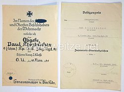Heer - Urkundengruppe Eisernes Kreuz 2. Klasse /Infanterie Sturmabzeichen Silber