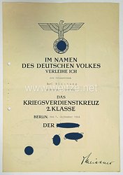 Kriegsverdienstkreuz 2. Klasse - Verleihungsurkunde