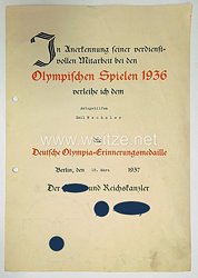 Deutsche Olympia-Erinnerungsmedaille - Verleihungsurkunde